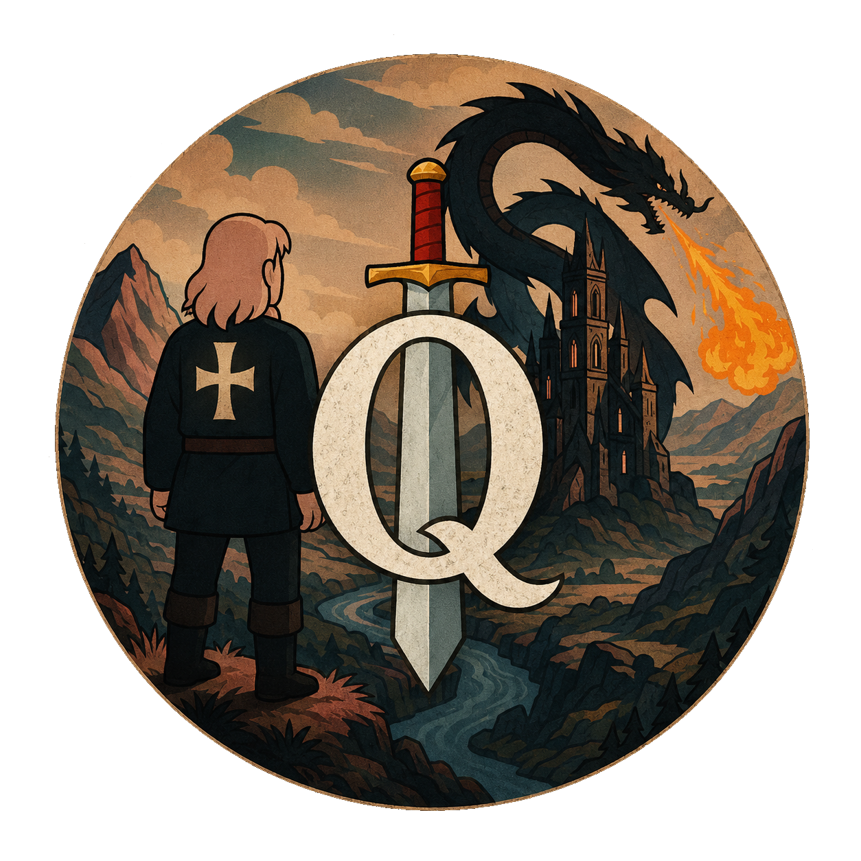 small round questicles logo a sword and Q against a fantasy backdrop with a castle and a dragon